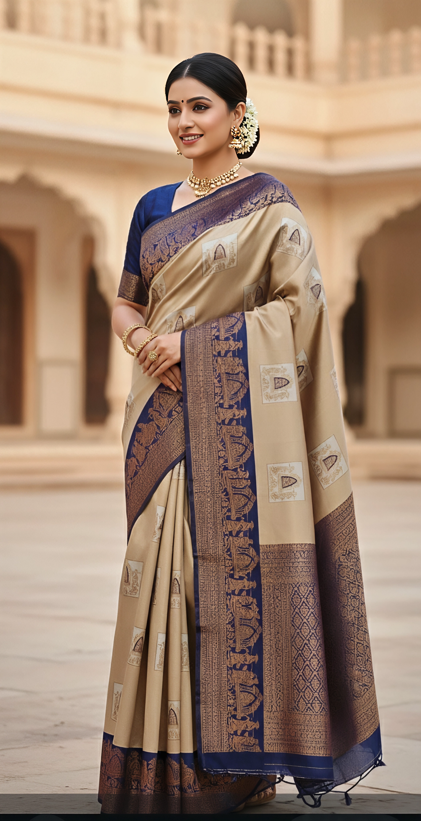 Premium Banarasi Silk Saree – Champagne Gold & Navy Blue