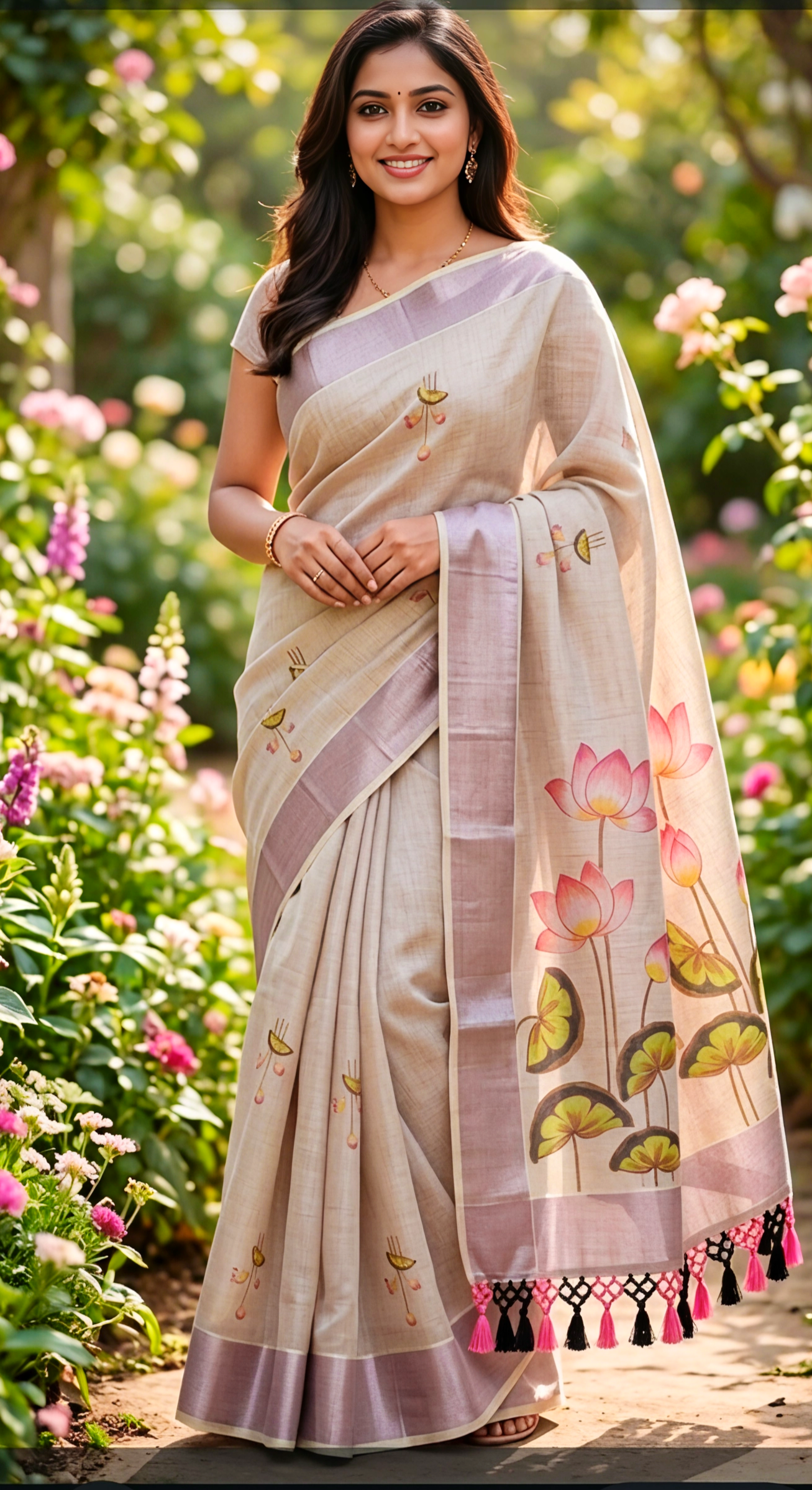 Kerala Traditional Rose Gold Lotus Bloom Saree
