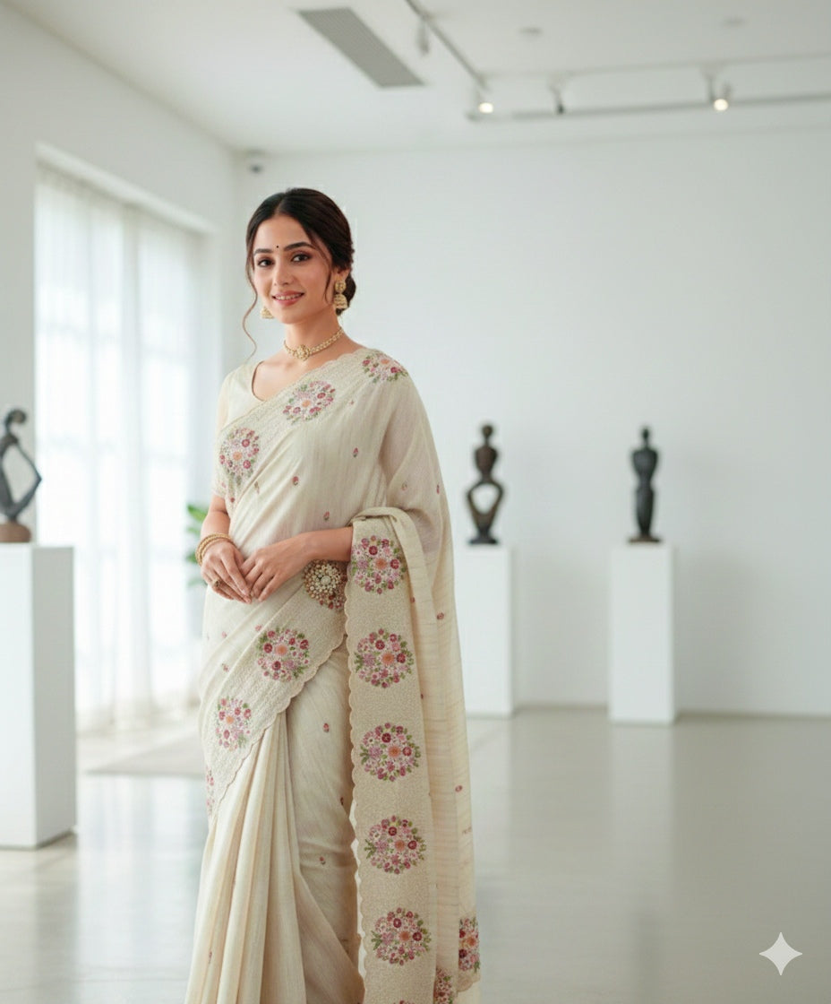 Net Cotta Sarees with Embroidery work. STICHED BLOUSE