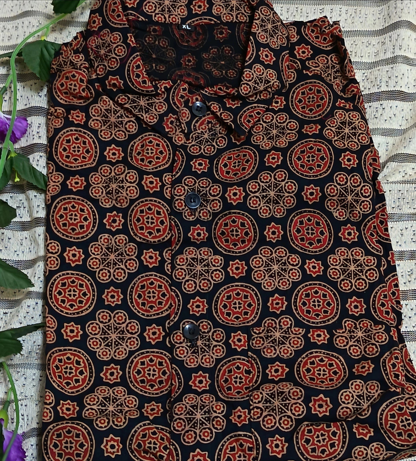 Men's Ajrakh Block Print Cotton Shirt – Navy & Red