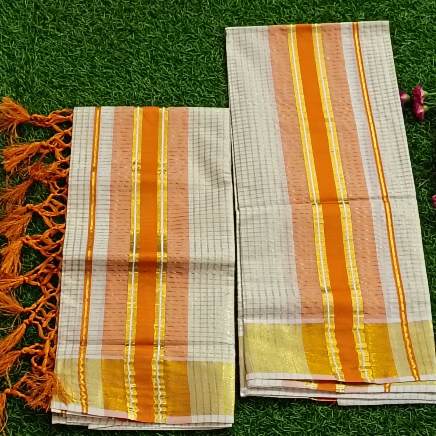 Kerala Cotton Set – Mundu Orange & Gold Zari