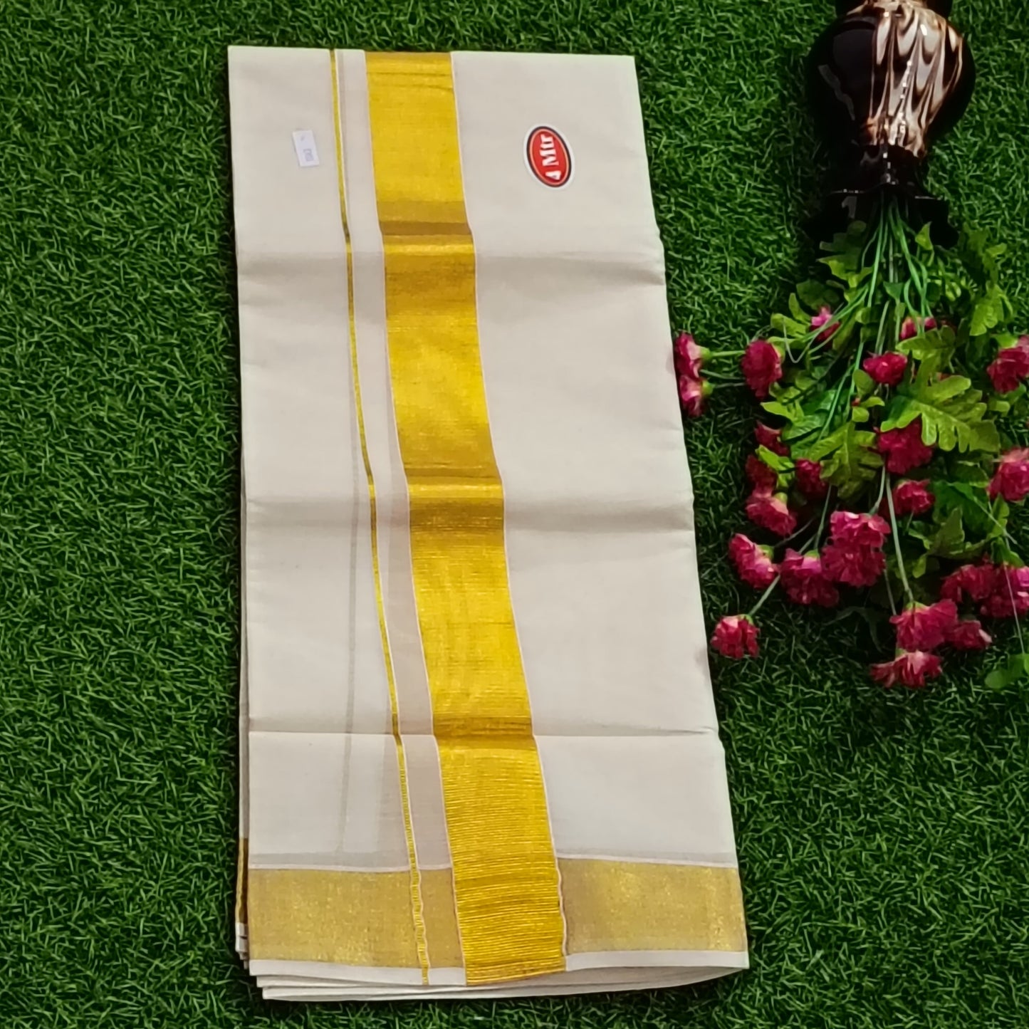 Pure Kerala Cotton Gold Kasavu Mundu | Traditional Men's Dhoti with Broad Zari Border