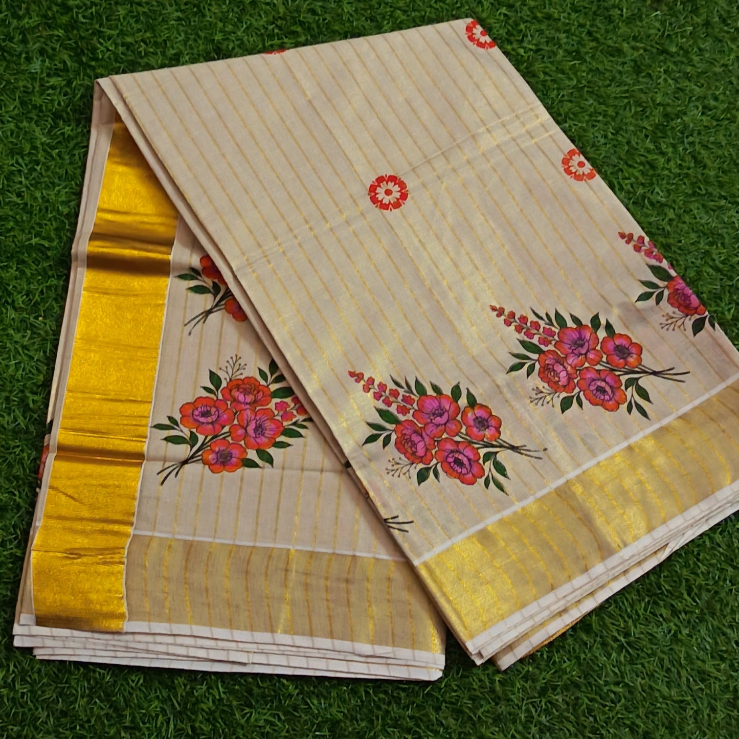 Kerala Tissue Saree with Gold Zari Border & Hand-Painted Floral Print