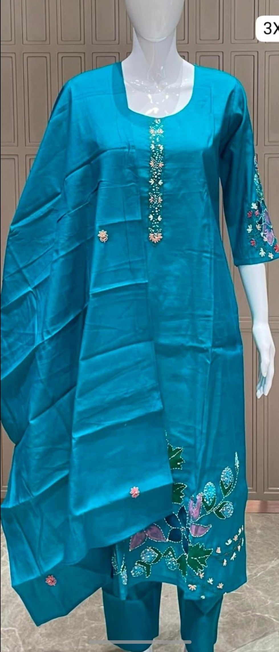 Plus Size Designer Churidar Set – Teal Embroidered Silk Suit (3XL | 4XL | 5XL)