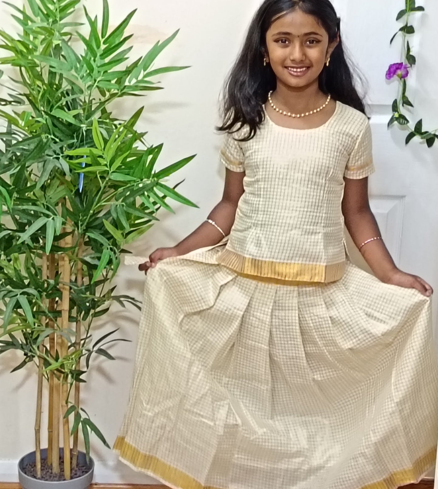 Girls Kerala Kasavu Pavada Set – Cream & Gold