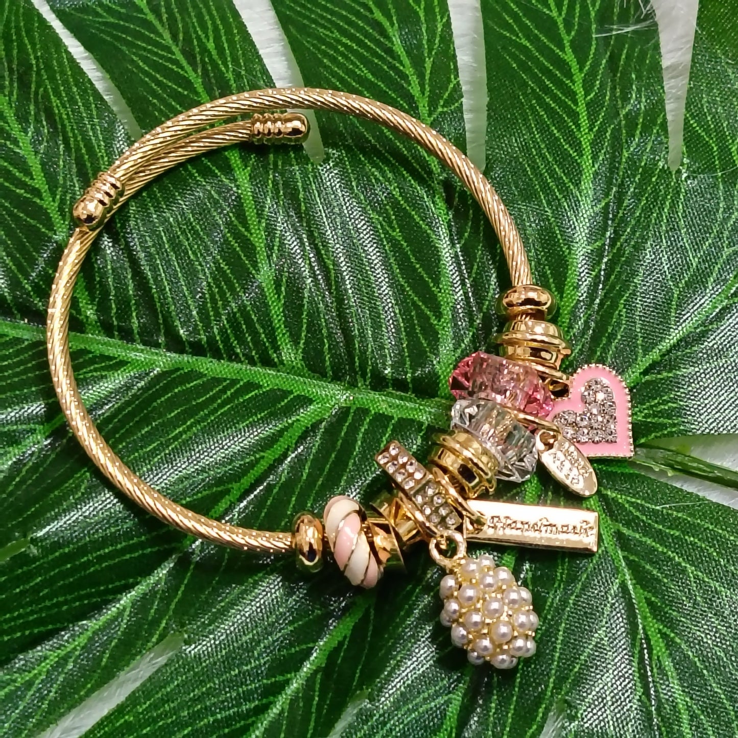 Pearl & Crystal Charm Bangle – Gold