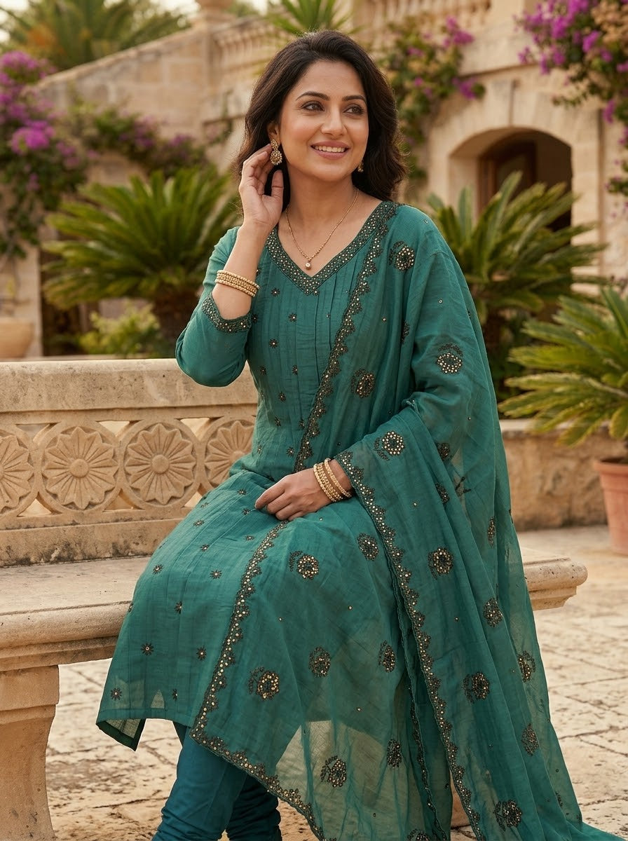 MUL CHANDERI CHURIDAR SET.
