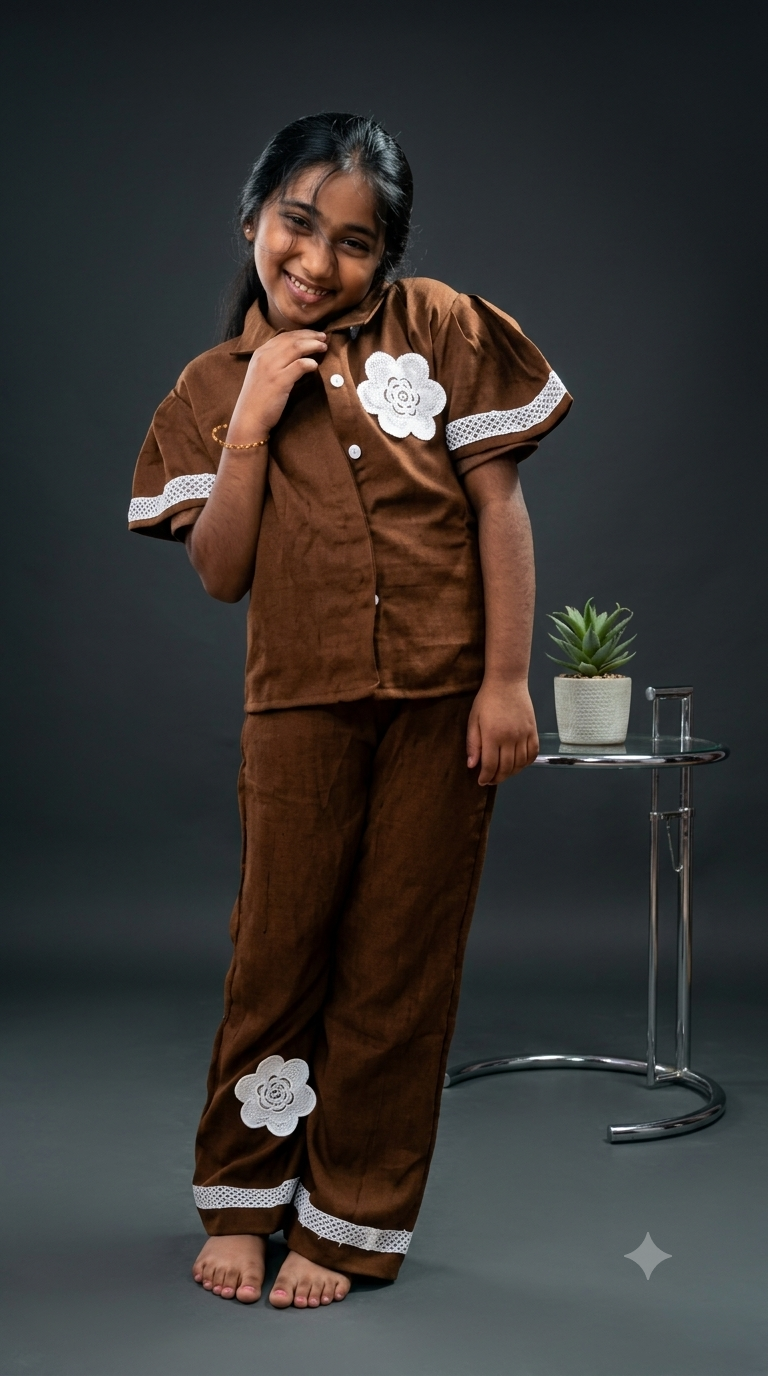 Girl wearing chocolate brown linen co-ord set with floral appliqué on dark background