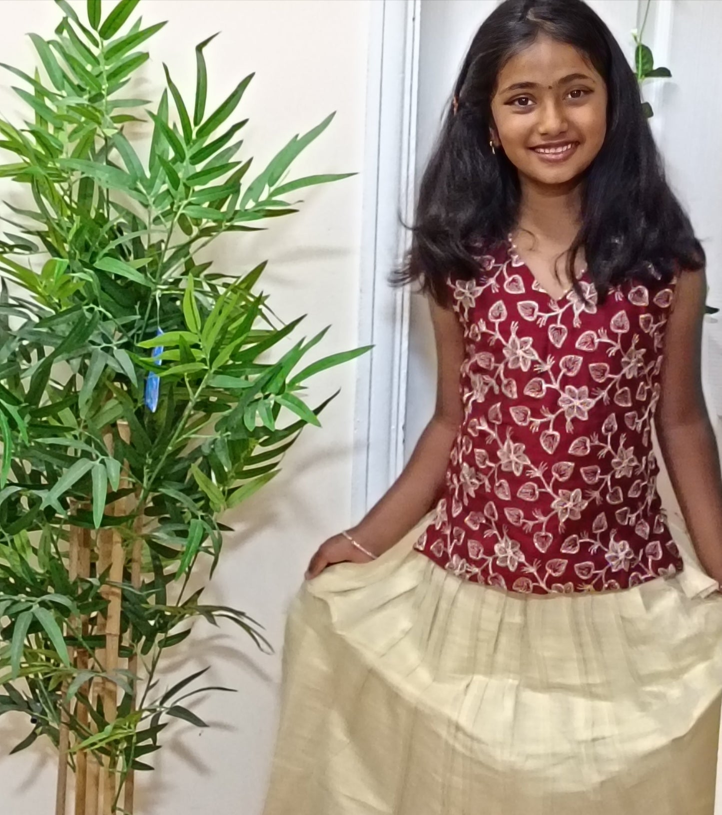 Girls Kerala Kasavu Skirt & Floral Printed Top Set – Maroon & Cream