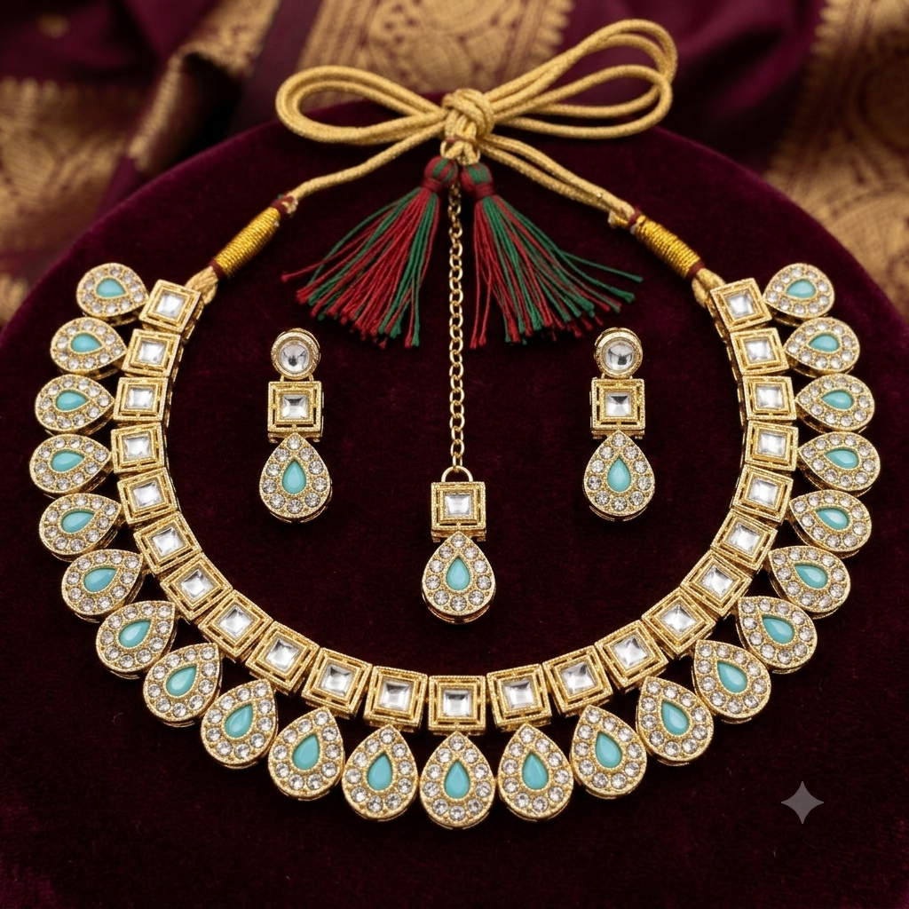 Turquoise Kundan Choker Necklace Set with Earrings & Maang Tikka