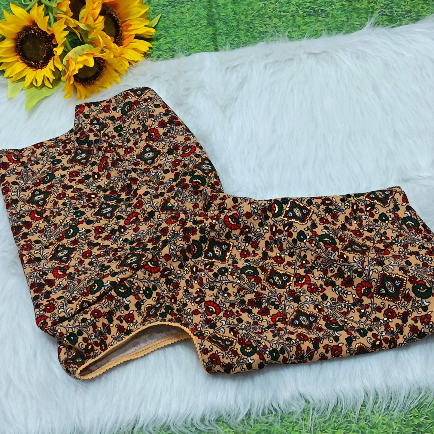 Beige Kalamkari Print Ready to Wear Stretchable Blouse | Size 36–42