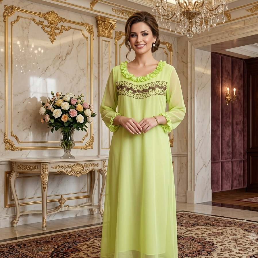 Lime Green Chiffon Embroidered Ruffle Neck Top