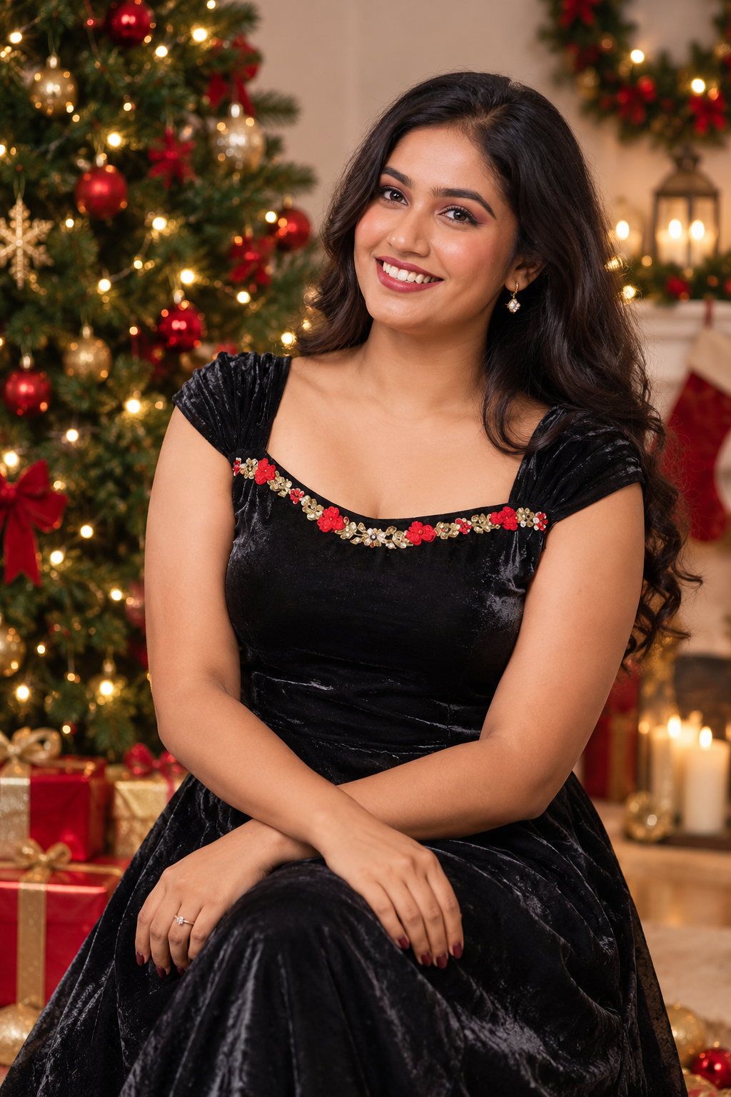 Black Space Silk Floral-Embellished Dress(DRS2-02)
