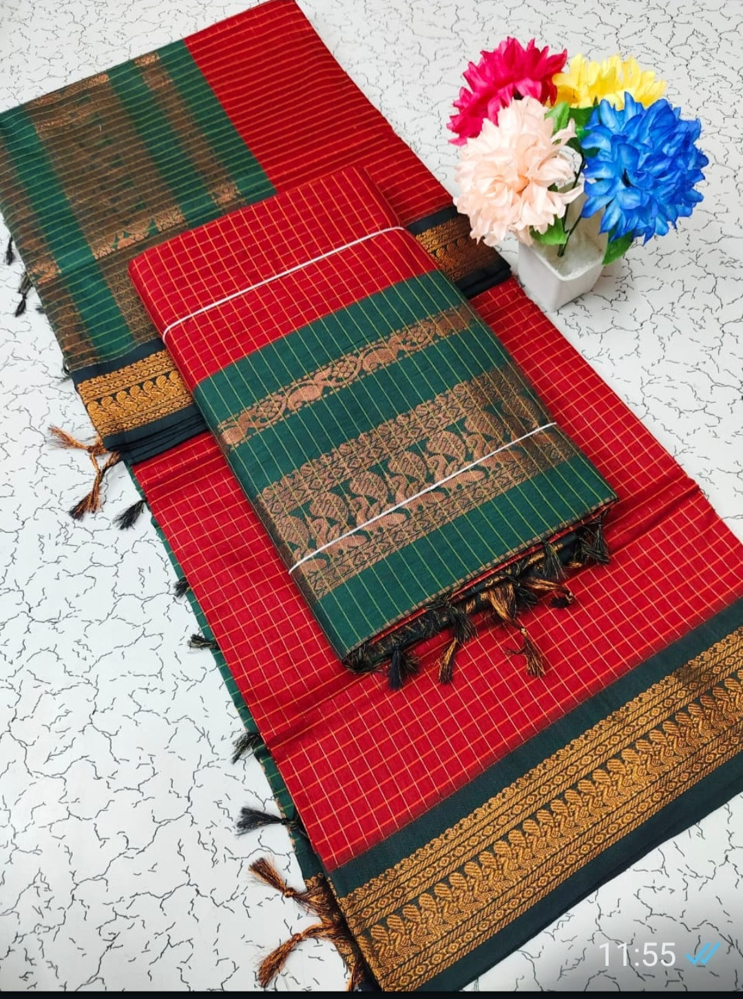 KALYANI COTTON CHECKED SAREES WITH STICHED BLOUSES.