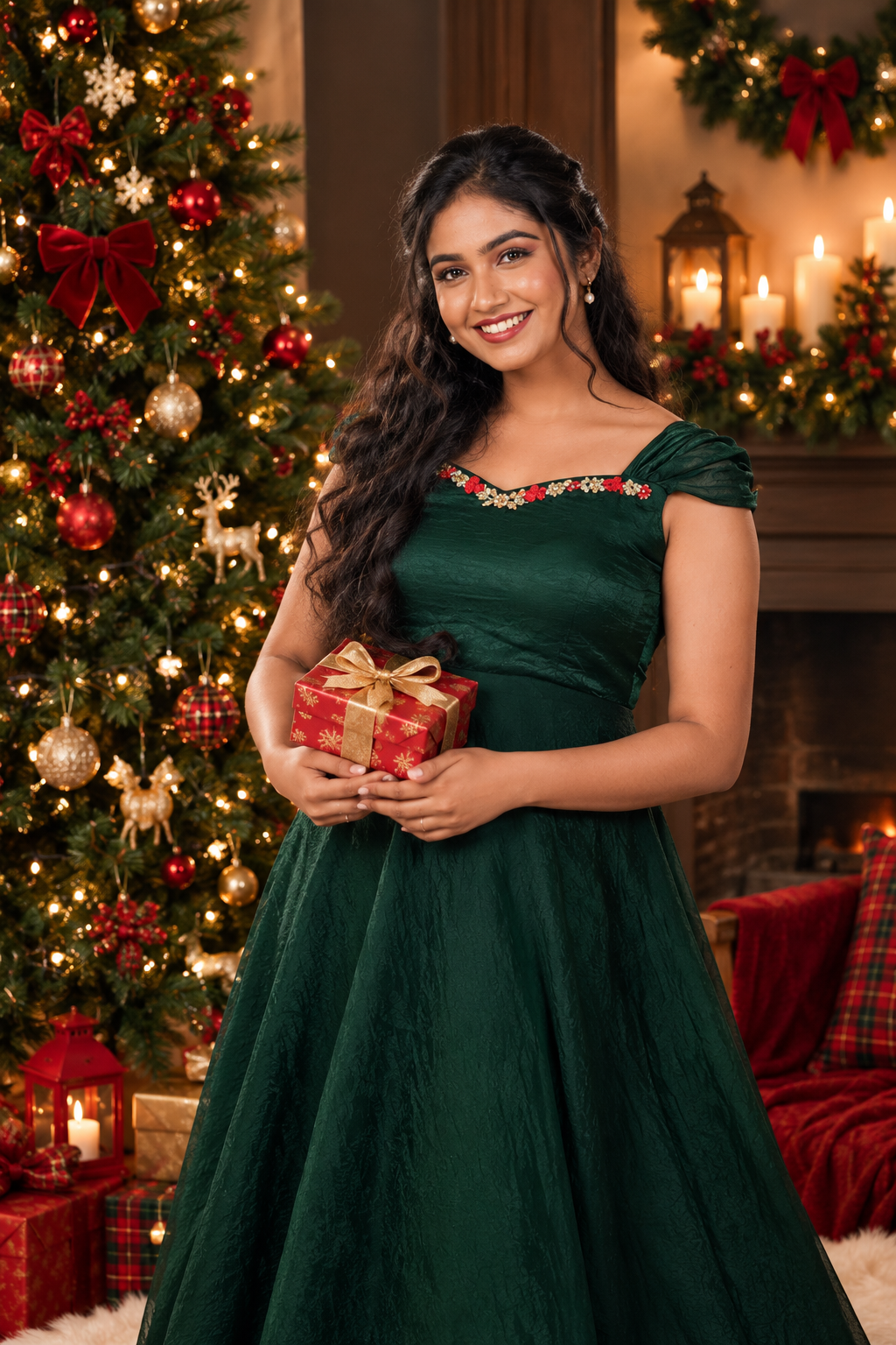 Emerald Elegance Floral-Detail Dress(DRS3-03)