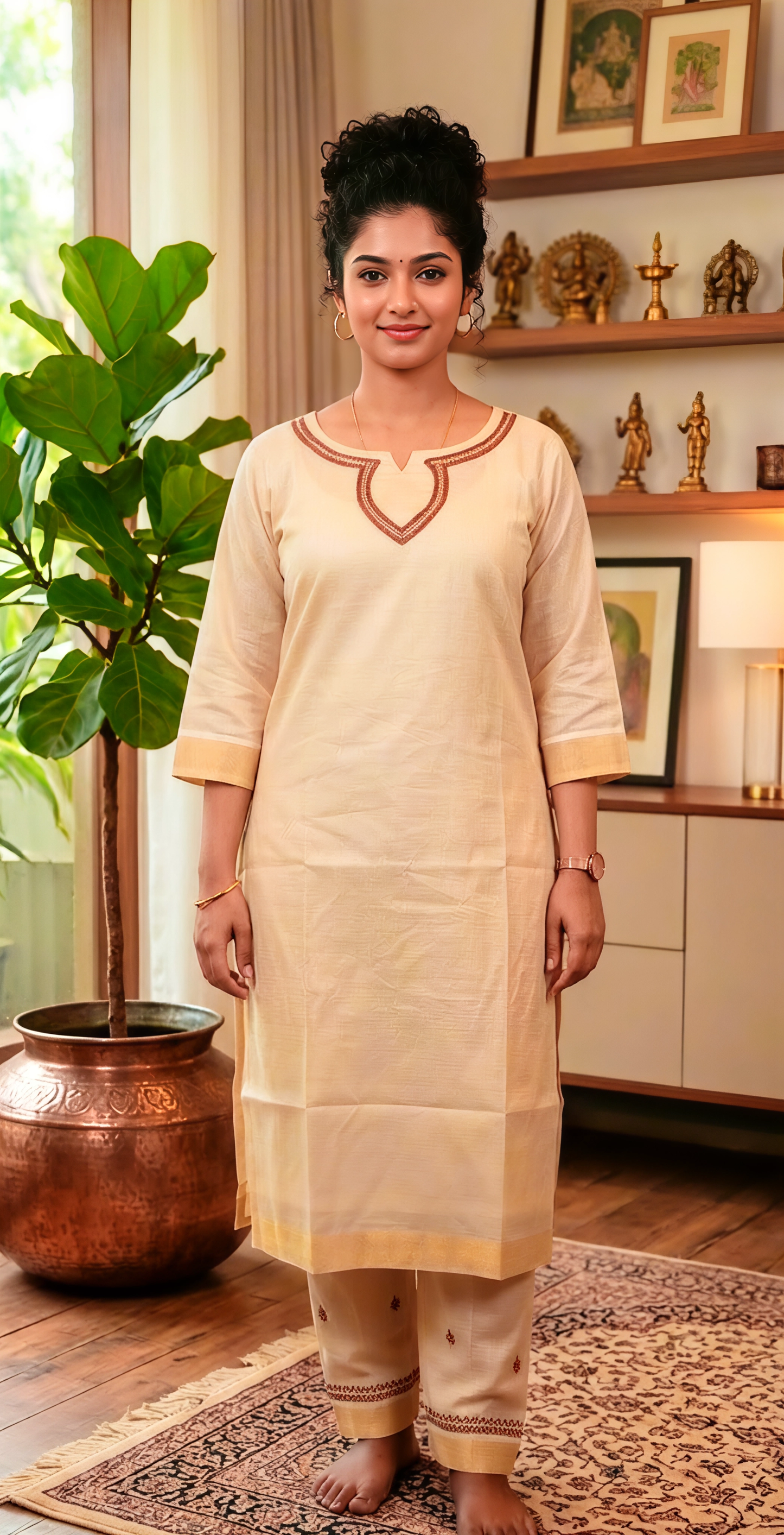Plus Size Cream Embroidered Kurti