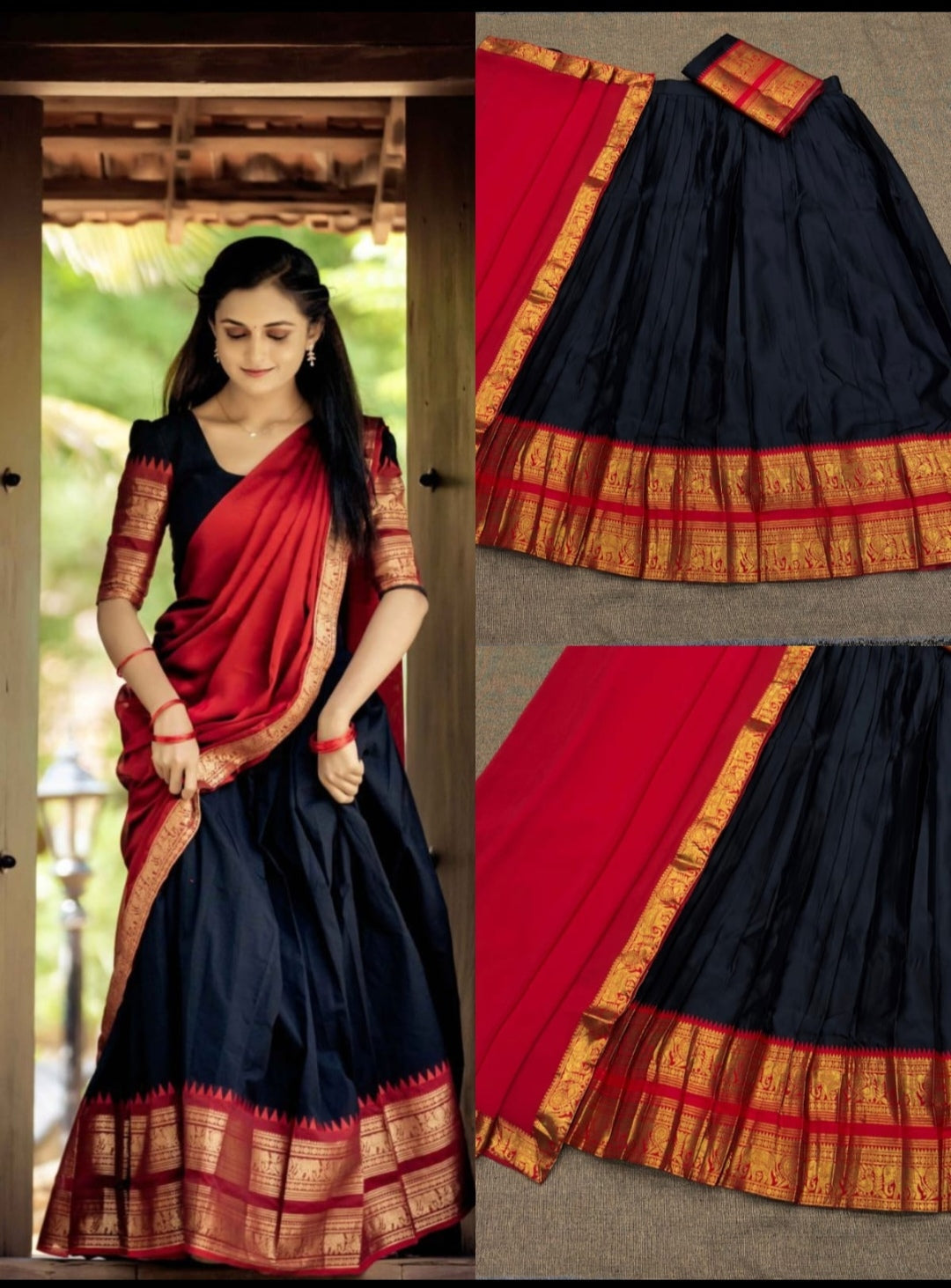 Kanchi Cotton Fully Stitched Dhavani Set – Navy Blue & Red