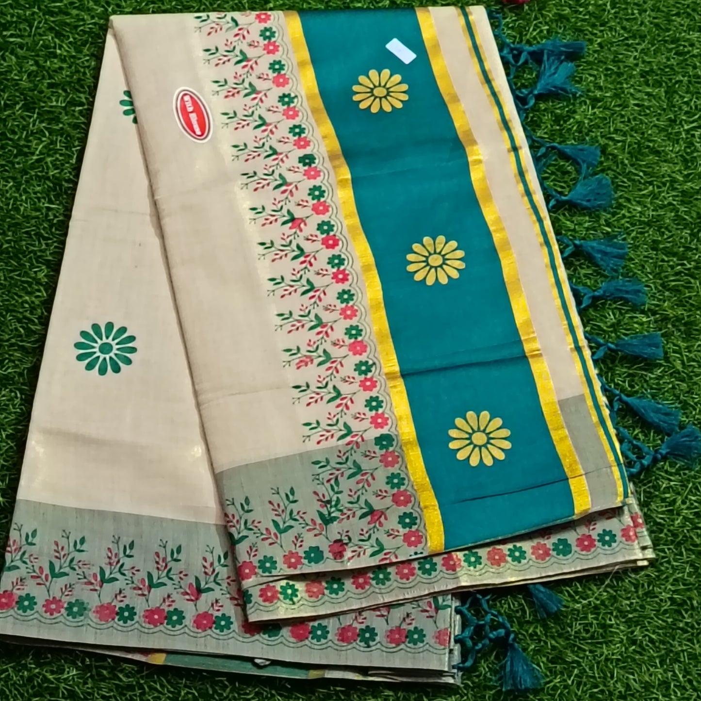 Kerala Kasavu Cotton Saree with Floral Digital Print Border & Teal Pallu