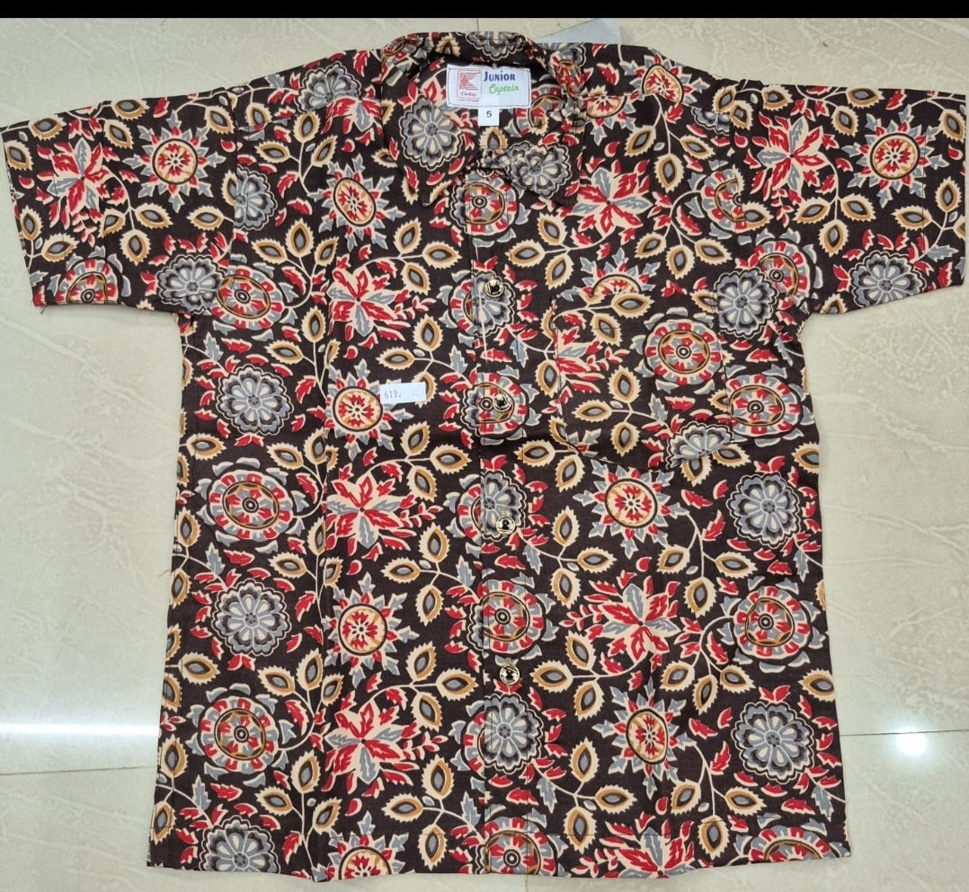 Boys Kerala Traditional Combo Set | Kalamkari Shirt & Gold Kara Mundu | Ages 1–10