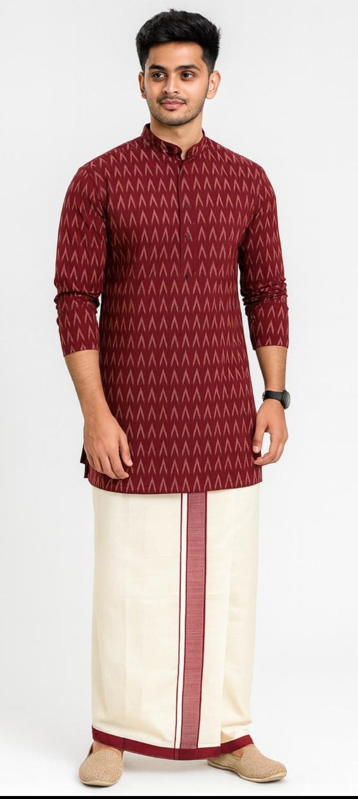 Maroon Ikat Print Kurta with Cream Dhoti