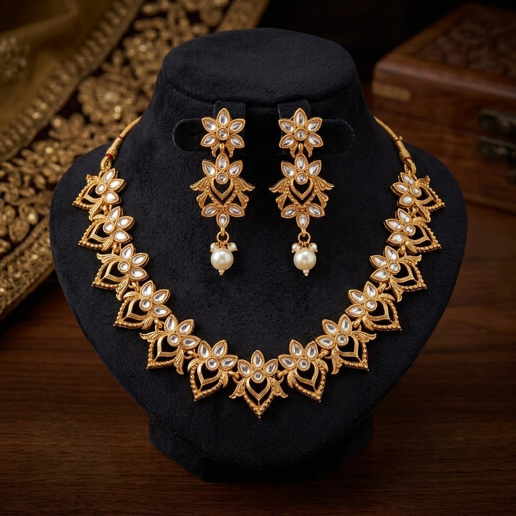 Kundan Floral Necklace & Earring Set with Pearl Drops