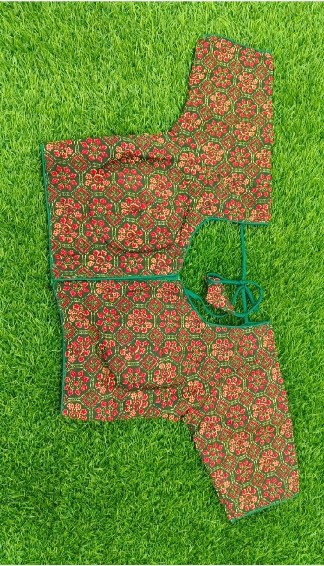 Green & Red Kalamkari Block Print Ready-to-Wear Blouse | Angel Designer