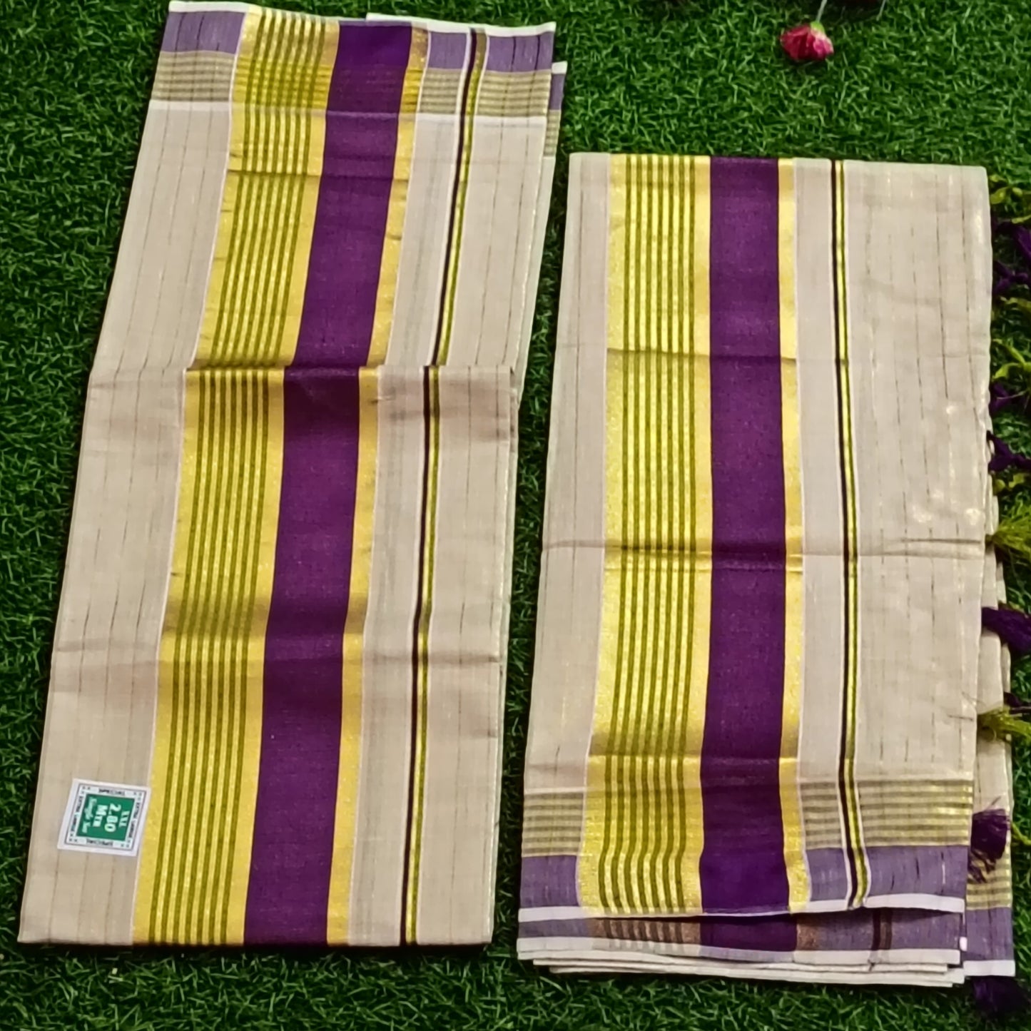 Kerala Cotton Mundu with Gold Zari & Purple Stripes