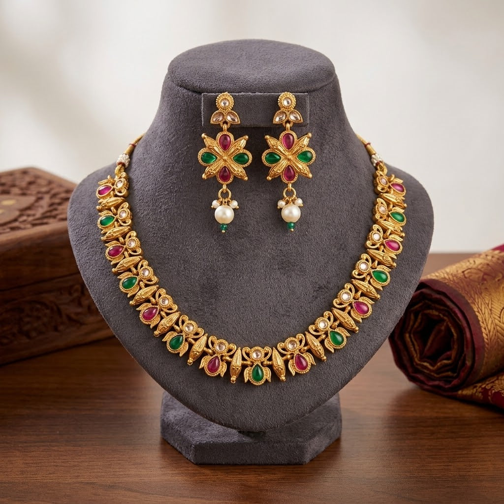 Ruby Emerald Kundan Butterfly Necklace & Earring Set | Antique Gold Indian Jewellery