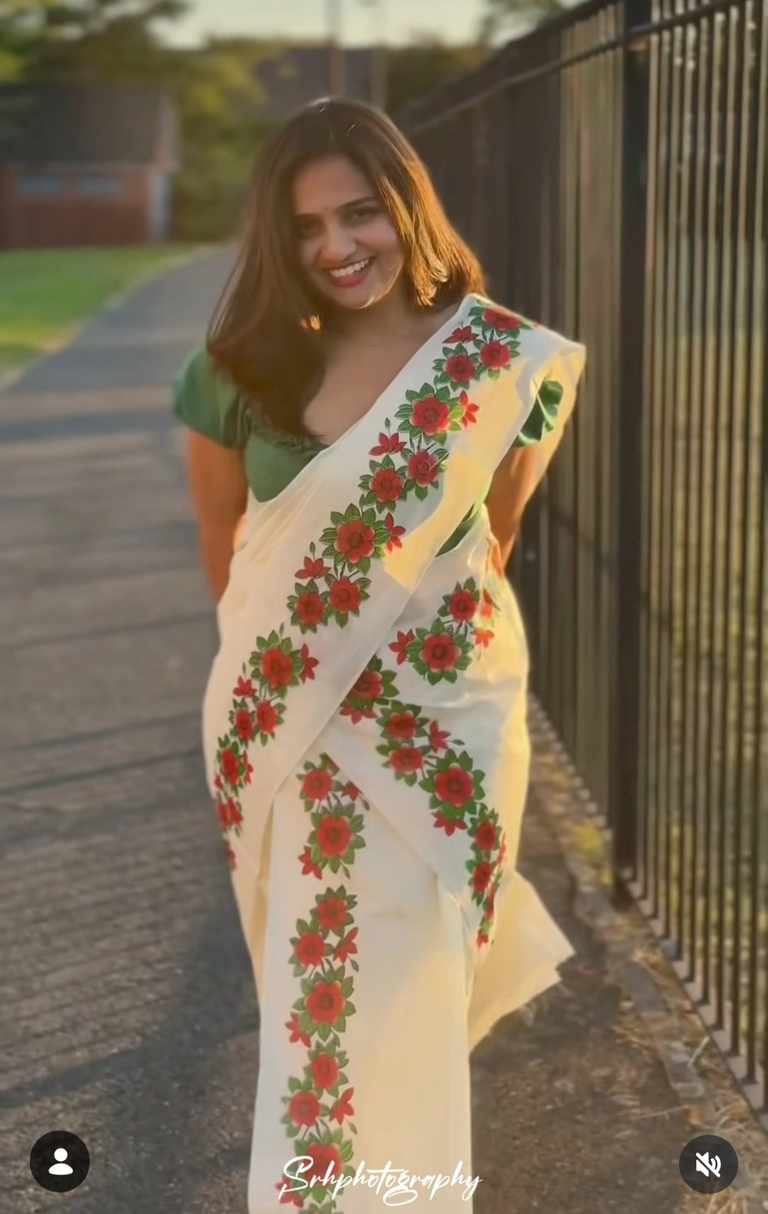 White Cotton Set Mundu with Red Floral Border
