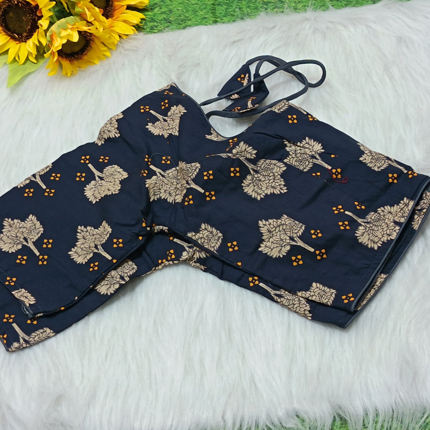Navy Blue Kalamkari Block Print Ready-to-Wear Blouse
