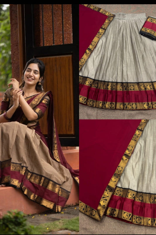 Fully Stitched Kanchi Cotton Dhavani Set – Beige & Maroon