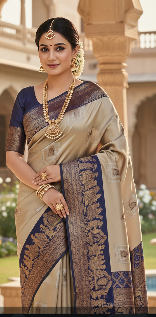 Premium Banarasi Silk Saree – Champagne Gold & Navy Blue