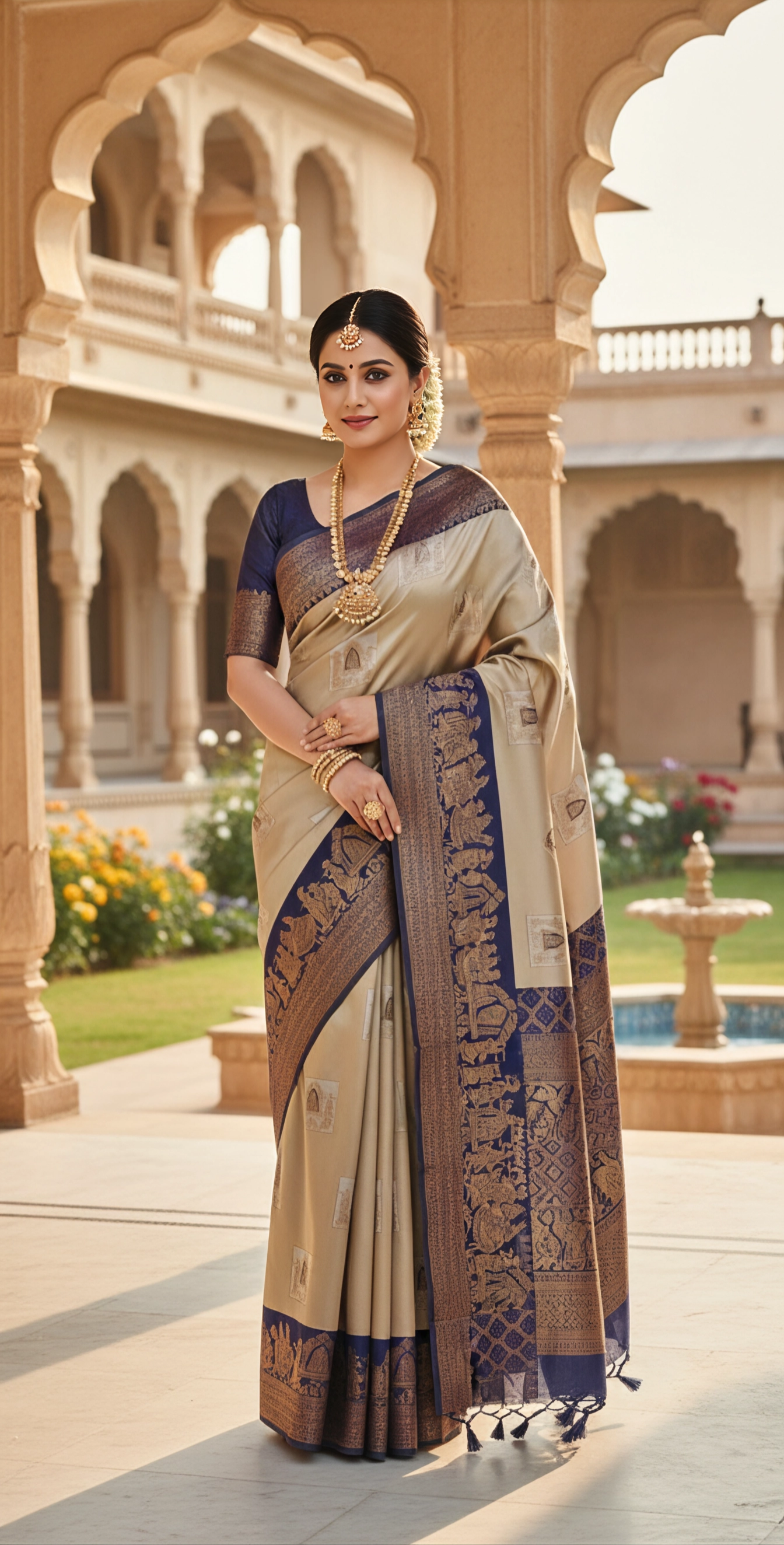 Premium Banarasi Silk Saree – Champagne Gold & Navy Blue