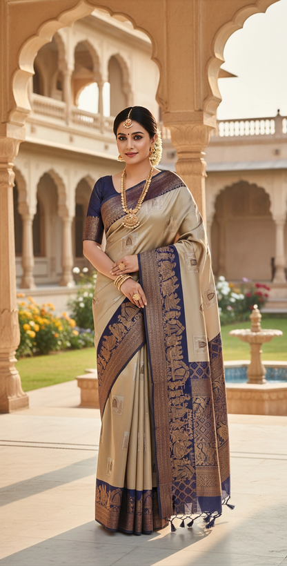 Premium Banarasi Silk Saree – Champagne Gold & Navy Blue