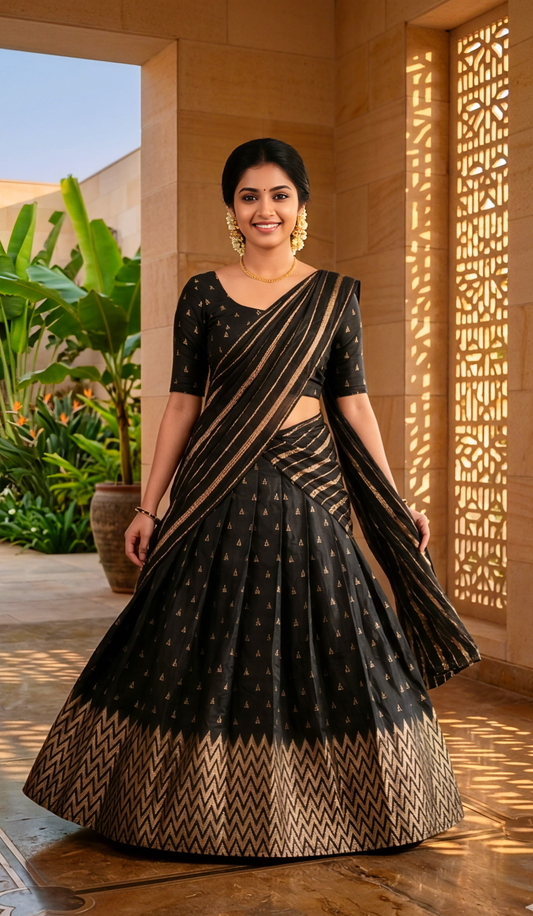 Stitched Dhavani Set – Black & Gold Zari