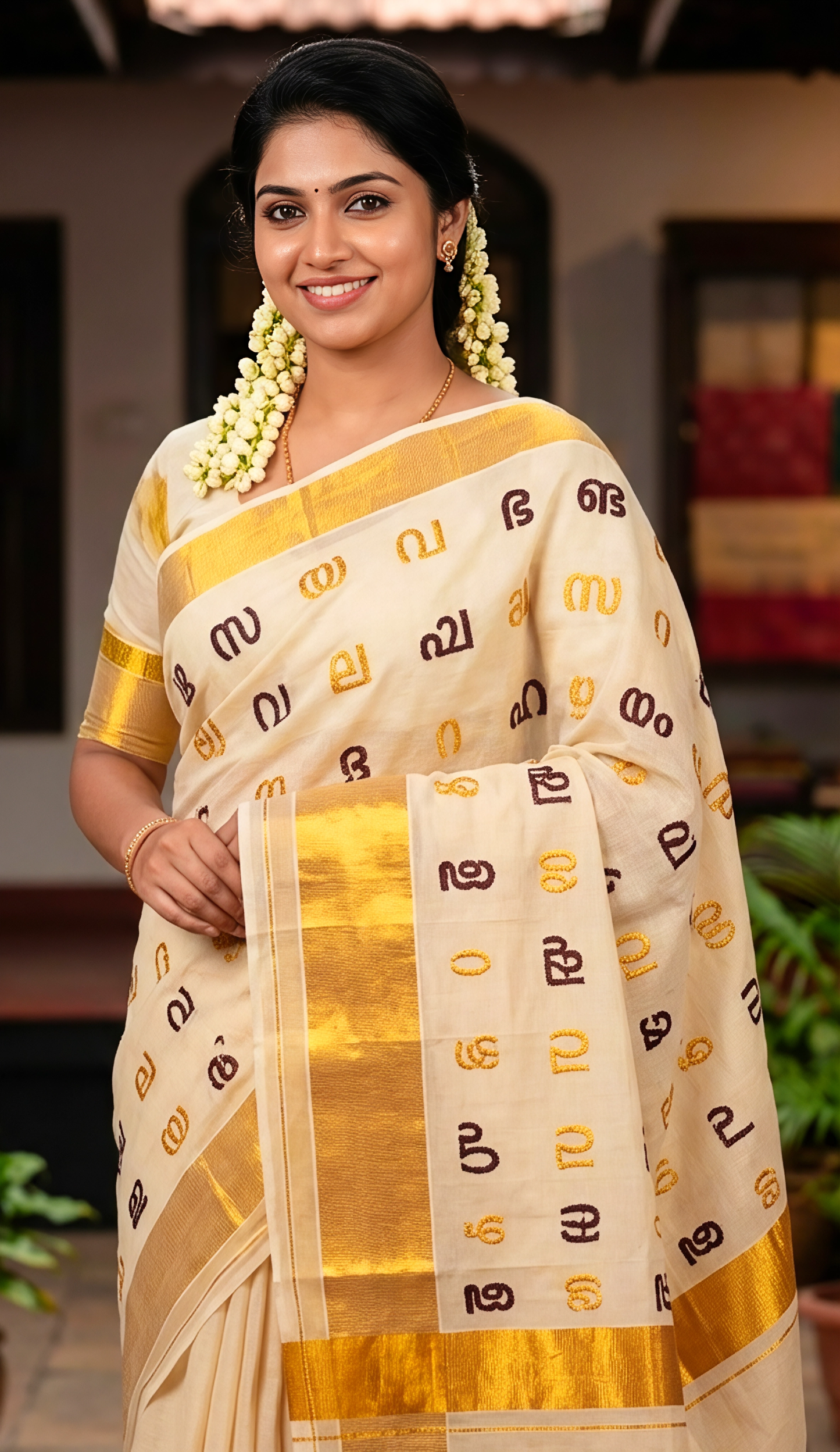 Aksharamala Print Kerala Kasavu Saree