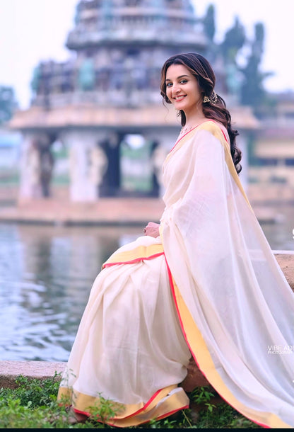 Manju Warrier Inspired Kerala Mul Cotton Kasavu Saree