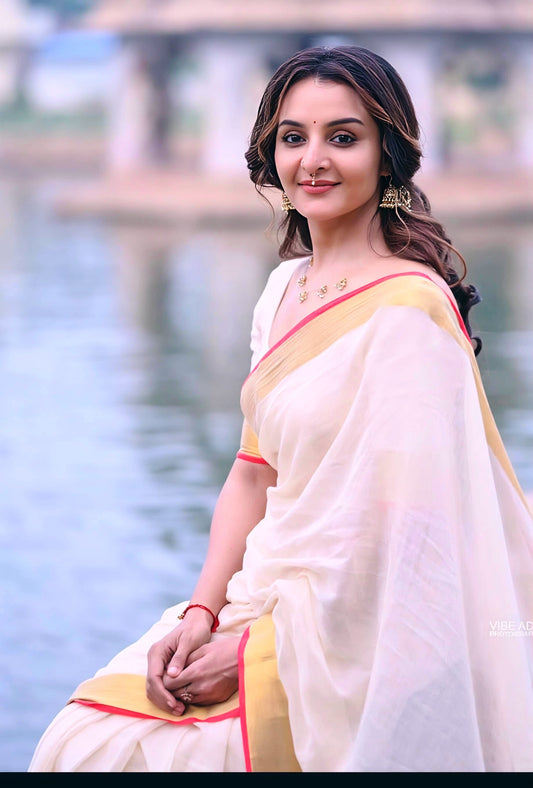 Manju Warrier Inspired Kerala Mul Cotton Kasavu Saree