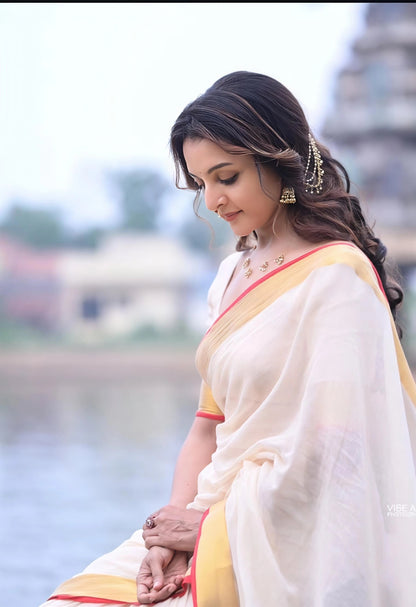 Manju Warrier Inspired Kerala Mul Cotton Kasavu Saree