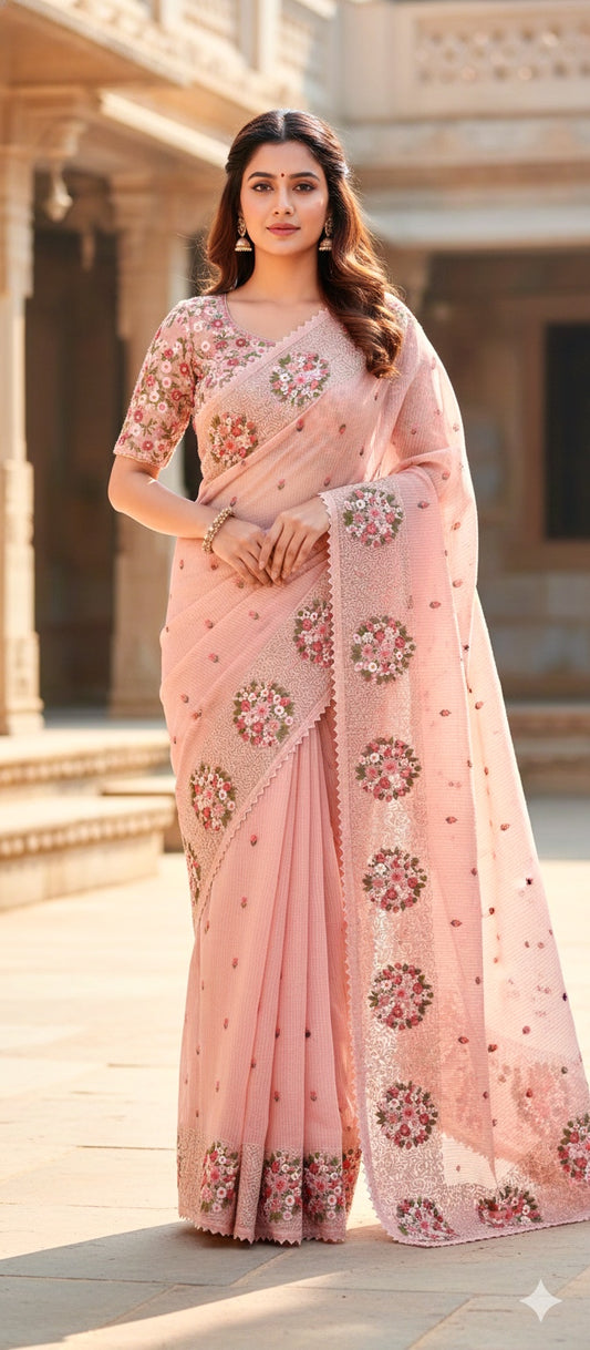Net Cotta Sarees with Embroidery work. STICHED BLOUSE