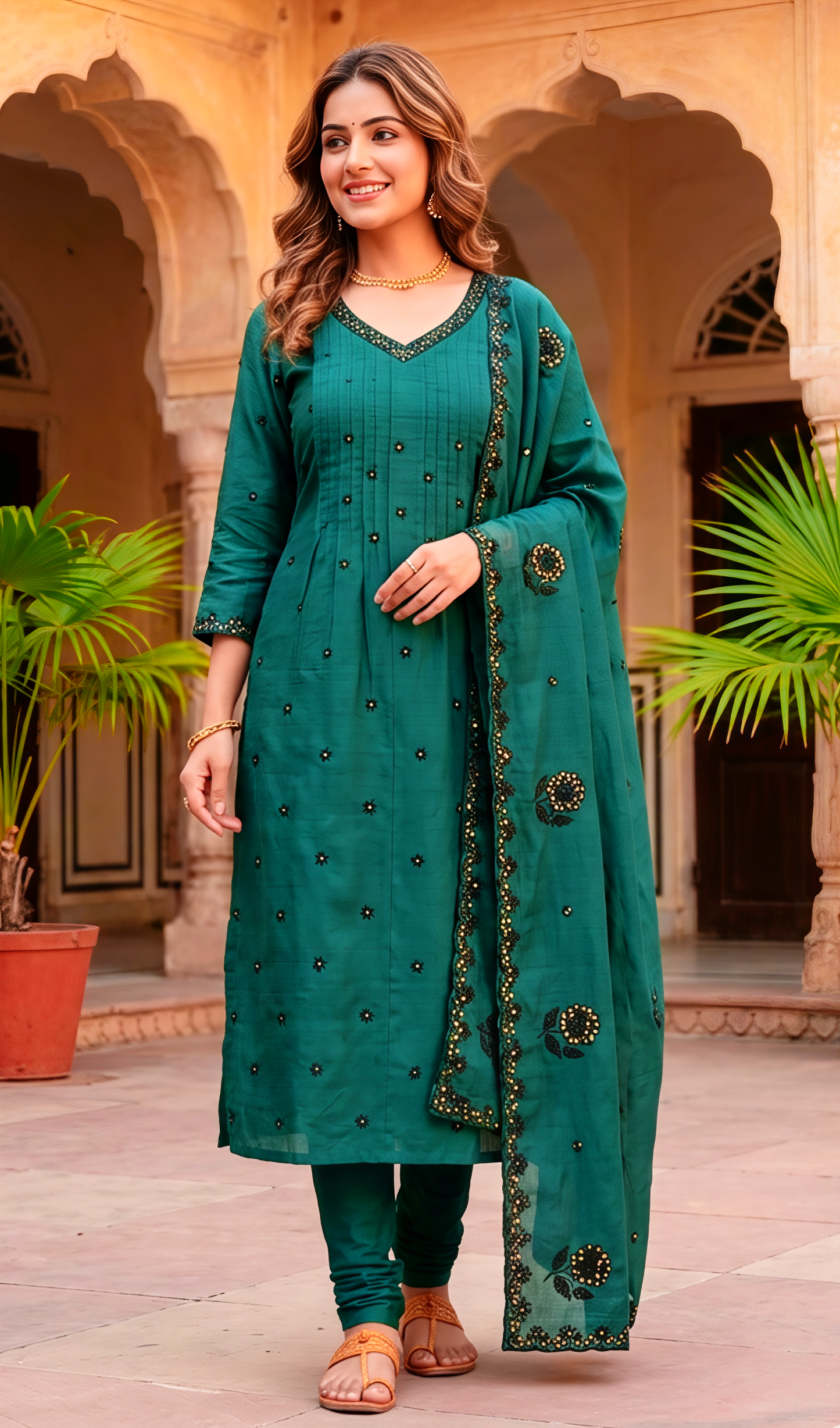 MUL CHANDERI CHURIDAR SET.