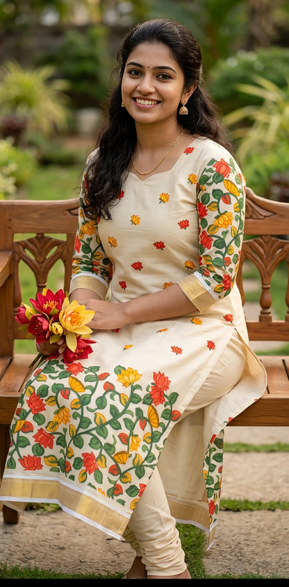 Traditional Floral Slit Kurti | Kerala Kasavu Style