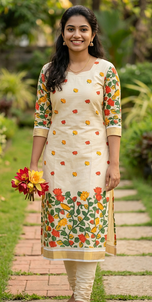 Traditional Floral Slit Kurti | Kerala Kasavu Style