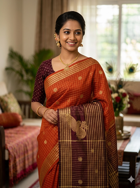 Viral Insta-Trending Pearly Mani Inspired Rust Orange Soft Silk Saree with Stitched Blouse