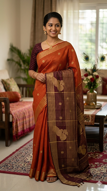 Viral Insta-Trending Pearly Mani Inspired Rust Orange Soft Silk Saree with Stitched Blouse
