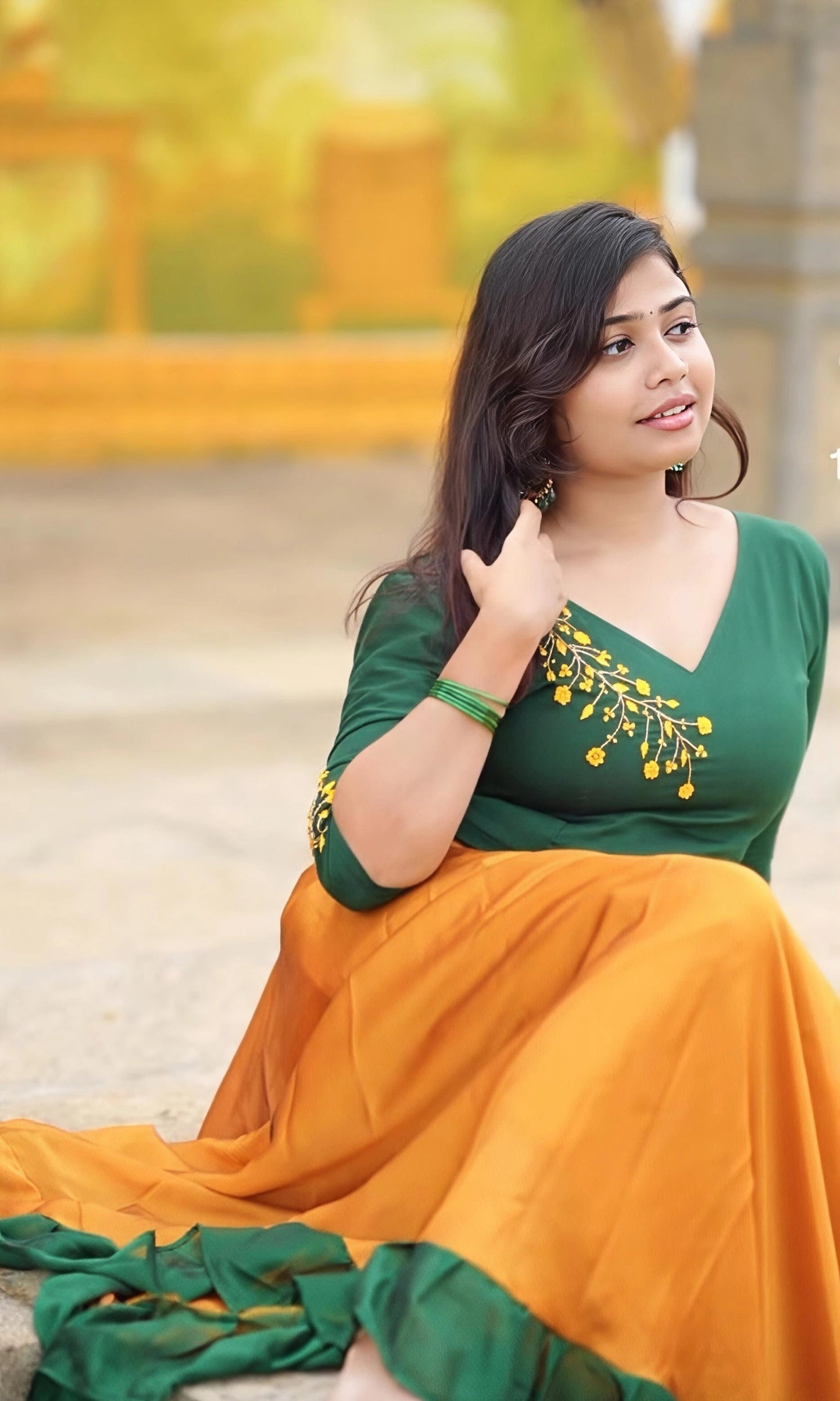 Floral Embroidered Crop Top & Mustard Skirt Set.