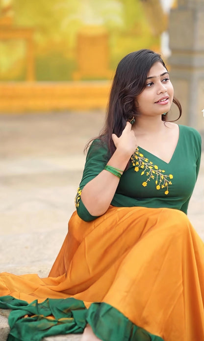 Floral Embroidered Crop Top & Mustard Skirt Set.