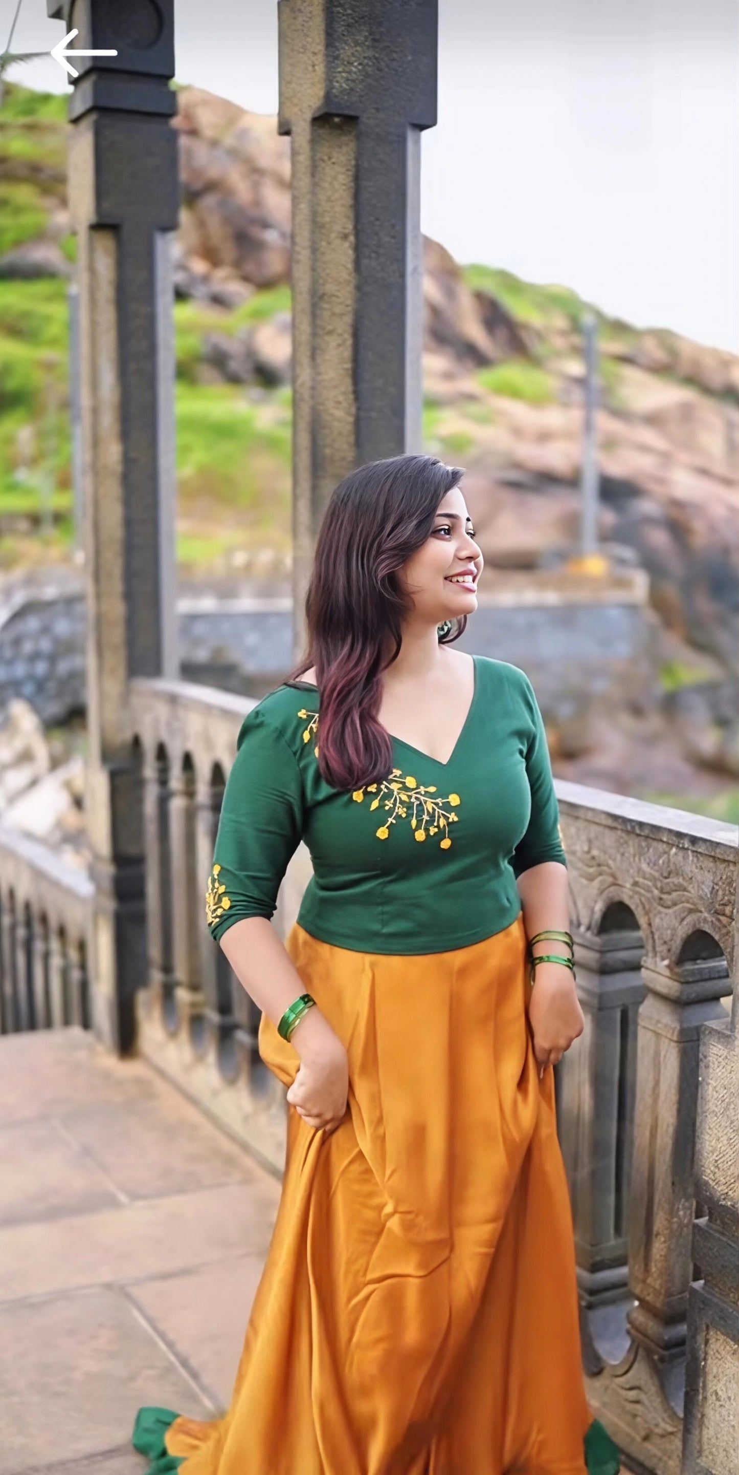 Floral Embroidered Crop Top & Mustard Skirt Set.