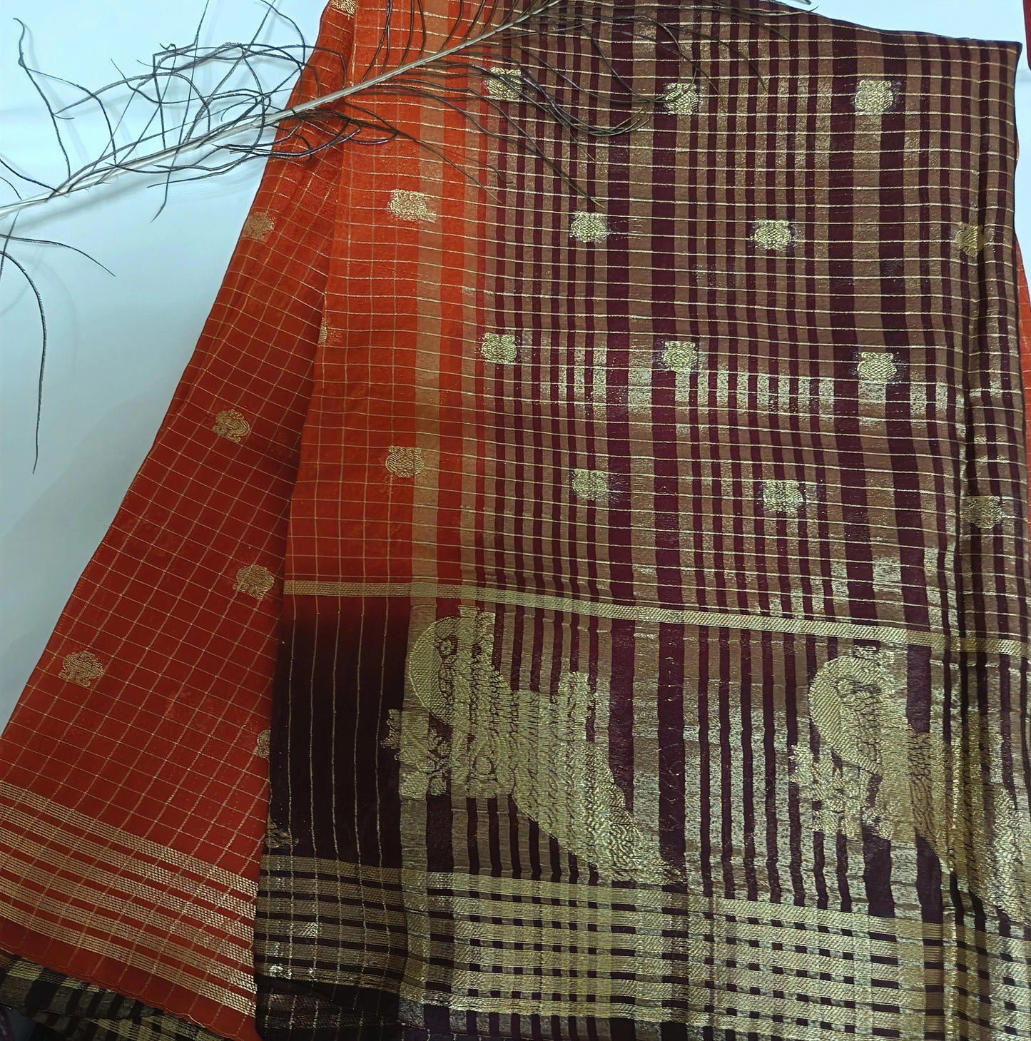 Viral Insta-Trending Pearly Mani Inspired Rust Orange Soft Silk Saree with Stitched Blouse