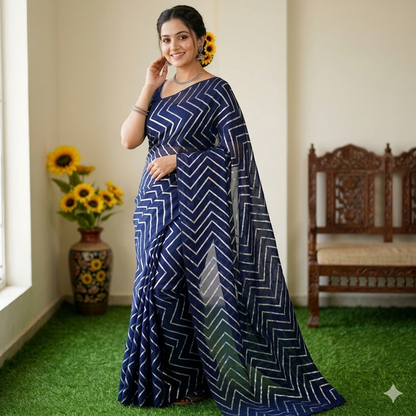 Navy Blue Chevron Soft Silk Sareeyes
